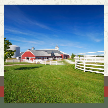 Farm SuppliesA picturesque red barn with white fences, set against a clear blue sky, surrounded by lush green grass and trees, conveying a serene rural scene.